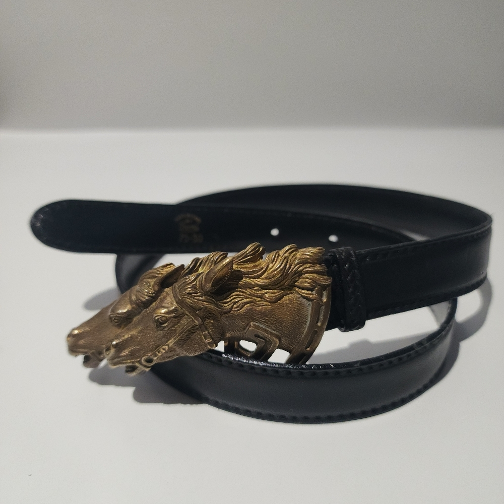 Rare Vintage x 70s Gucci Double Horse Head Bronze Buckle Leather Belt